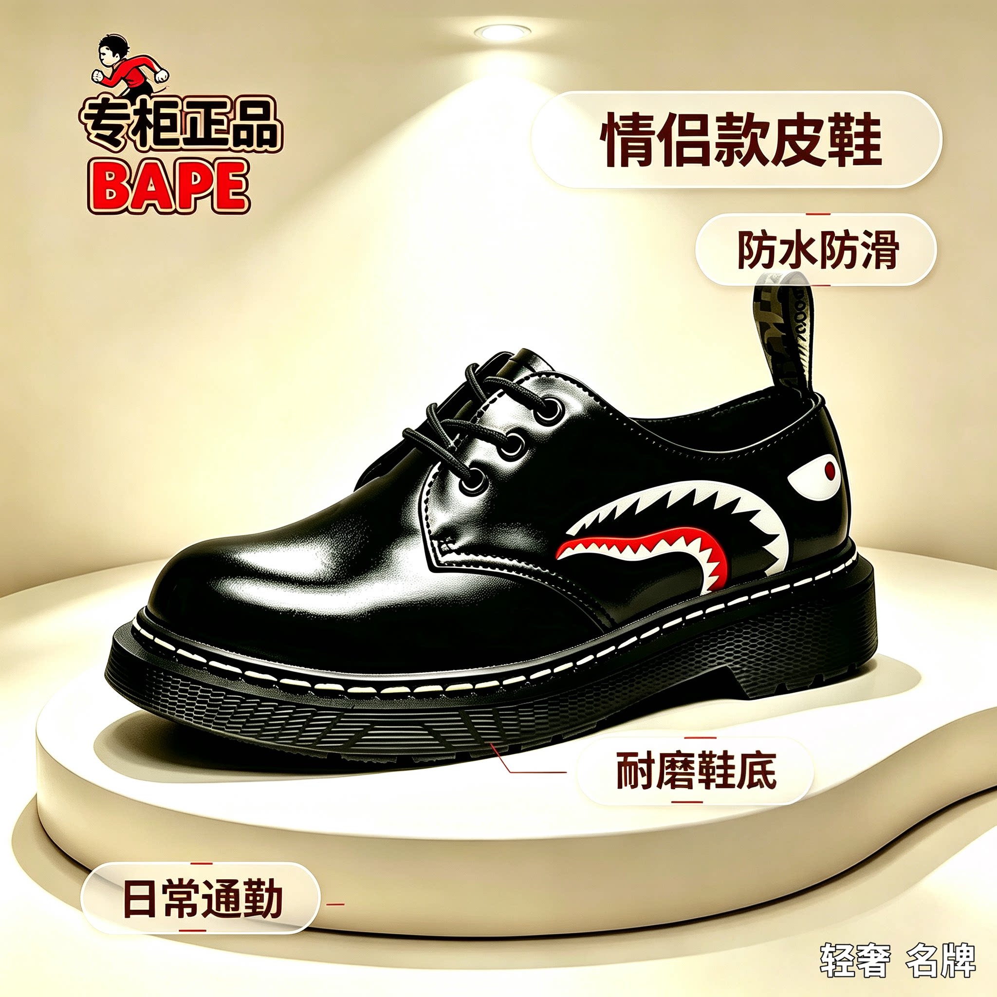 BAPE黑色情侣休闲马丁鞋皮鞋板鞋