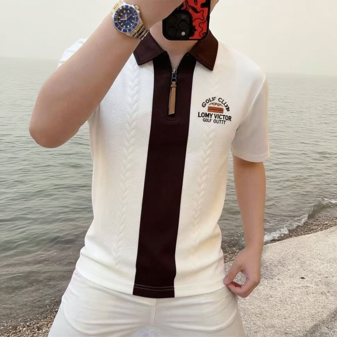 男上衣拉链老钱风短袖POLO衫白色
