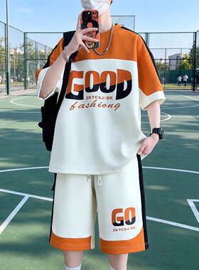 夏男学生短袖短裤运动两件套T恤