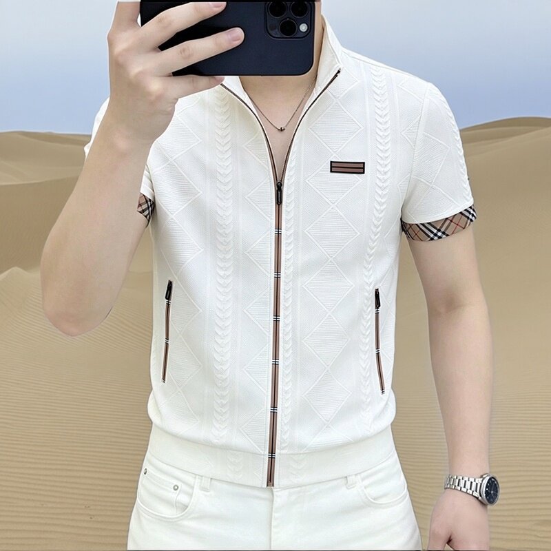 高端修身POLO衫白色夏男士短袖外套轻奢户外休闲上衣立领拉链外套