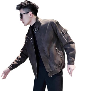 【机车休闲外套夹克男上衣皮衣外套】春秋冬新款宽松夹克