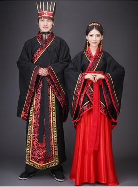 新款演出服唐装汉服直裾曲裾男女情侣古代汉代结婚服中式婚礼服装