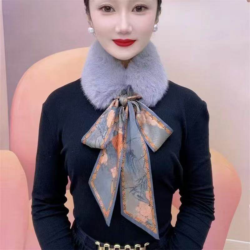 新款秋冬时尚飘带毛毛围巾毛绒毛领保暖百搭丝巾气质圆领护颈围脖