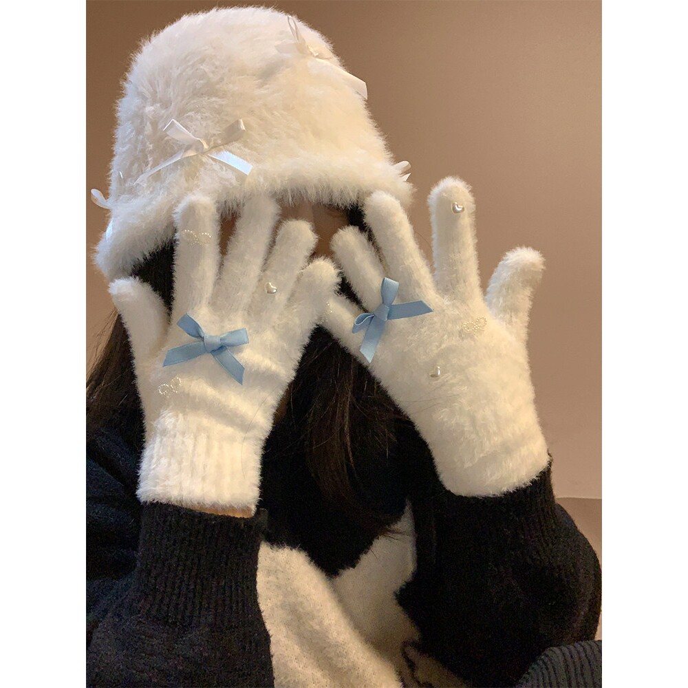 韩系可爱蓝色蝴蝶结毛绒针织手套女冬季骑行保暖白色五指学生手套
