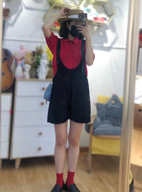 黑色百搭减龄连体裤背带短裤女