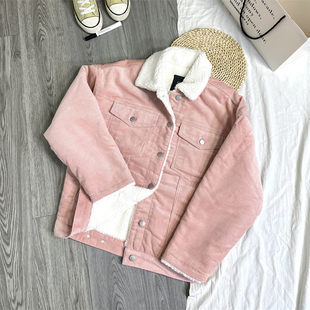 厚实灯芯绒仿羊羔毛棉服外套女 复古学院风 冬季 ～粉红美式