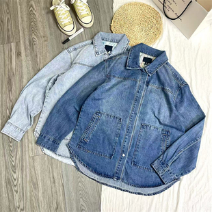 美式～外贸利落剪裁！复古水洗做旧口袋宽松夹克牛仔外套女