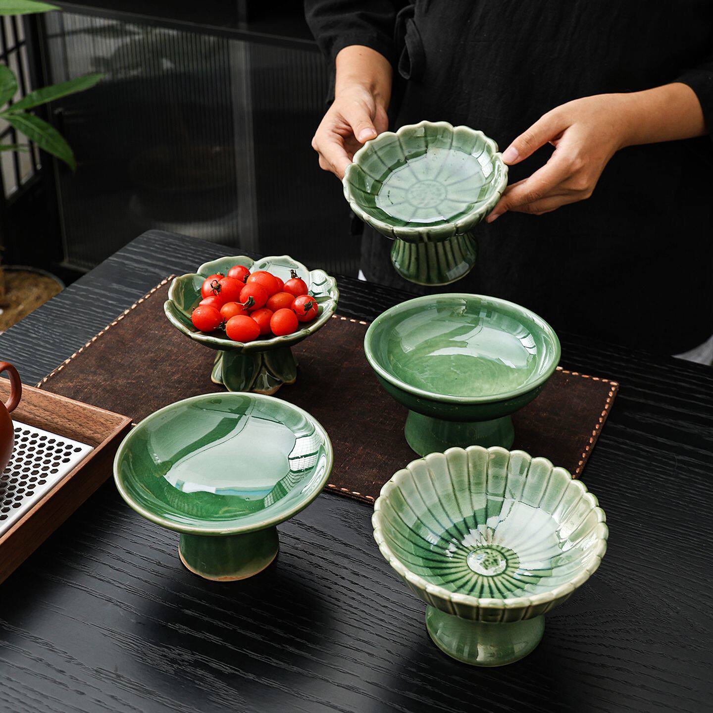 佛手柑托盘果盘家用陶瓷茶点盘干果零食点心盘禅意茶道婚庆摆盘