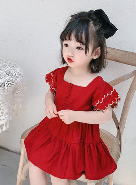 女童夏款连衣裙2023夏季新款复古红色连衣裙气质宽松娃娃连衣裙