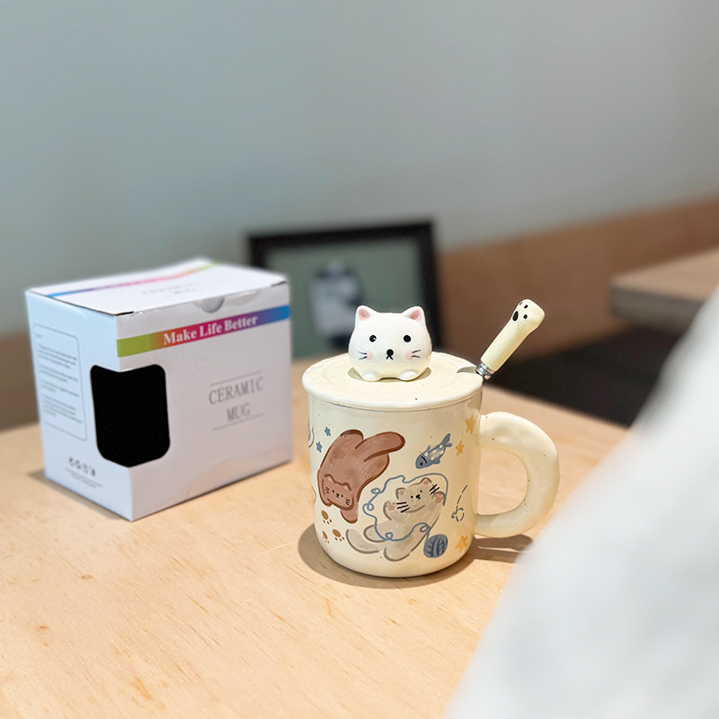 可爱猫咪陶瓷杯子带盖勺马克杯
