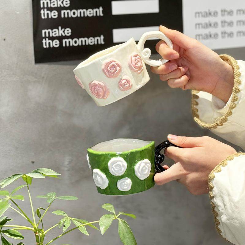 少女心立体浮雕玫瑰花陶瓷杯喝水杯子咖啡杯女生礼物伴手礼精致