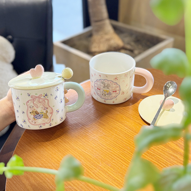 高颜值可爱少女心卡通小萌宠带盖陶瓷马克杯家用喝水杯子生日礼物