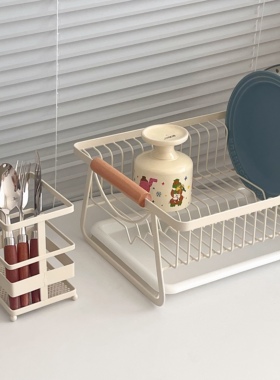 日式简约白色碗盘杯子餐具收纳架铁艺木柄沥水控水架厨房置物架