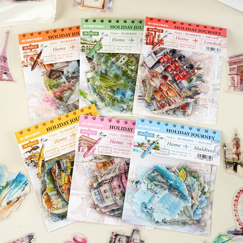 假日旅途系列防水PET贴纸包30张入 旅行建筑物手账装饰素材贴画