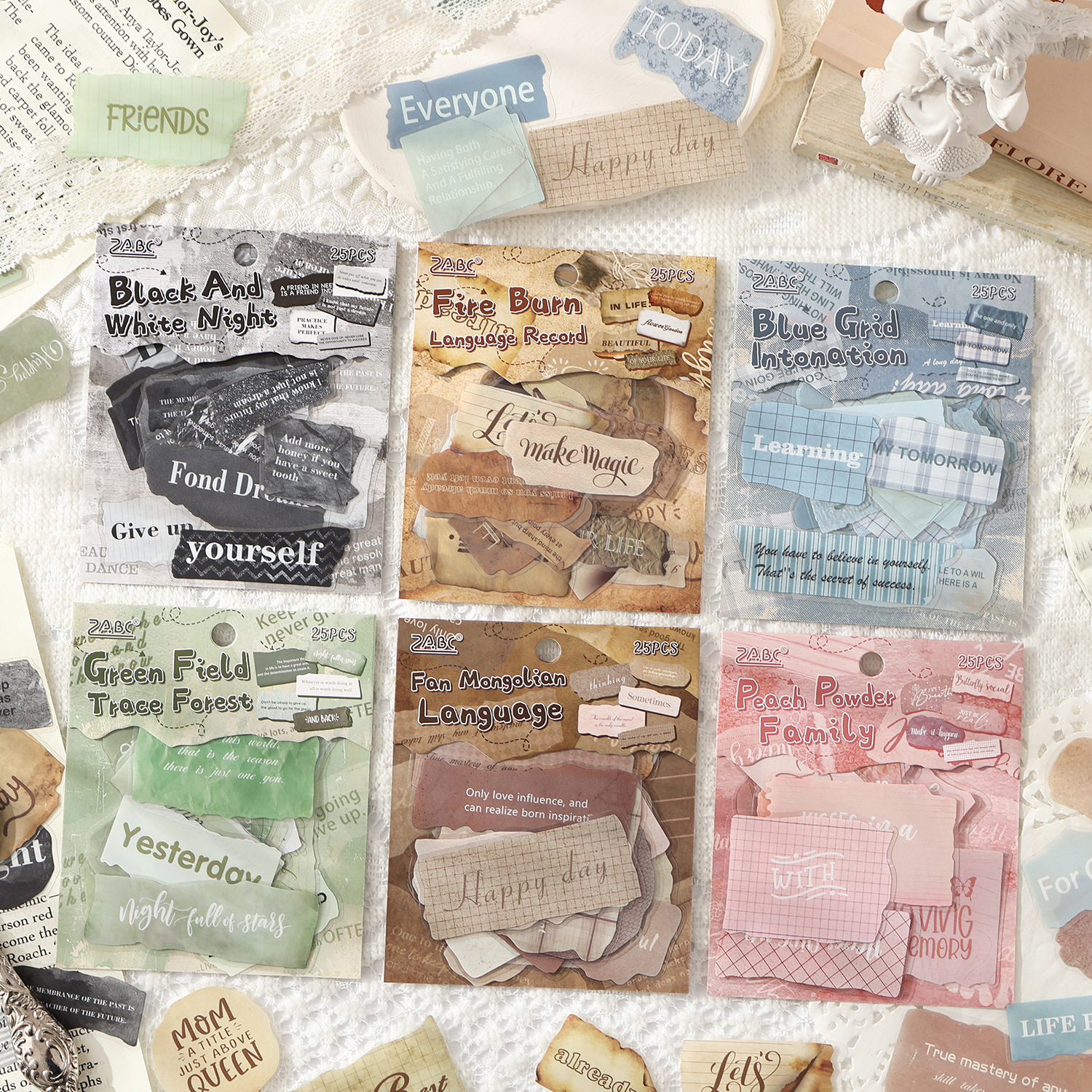 回忆语录系列防水PET贴纸包25张 复古英文标签手账装饰打底素材贴