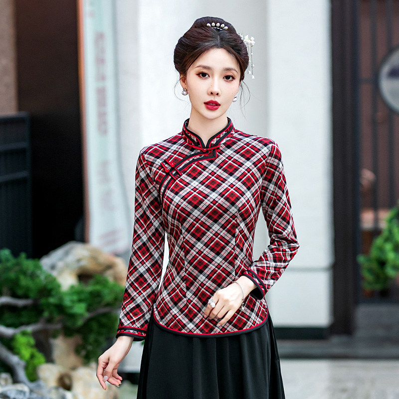 格子改良中式短款旗袍式上衣2024妈妈秋季新款复古汉服唐装小衫