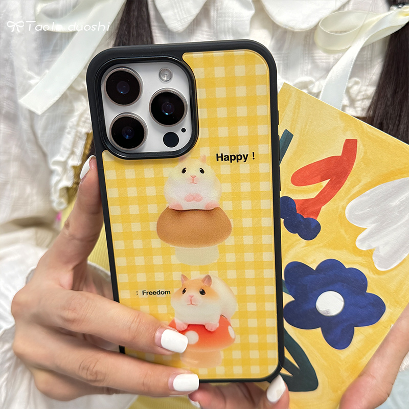 适用趣味可爱蘑菇头仓鼠玩偶复古Phone112pro13145promax亚克力手机壳