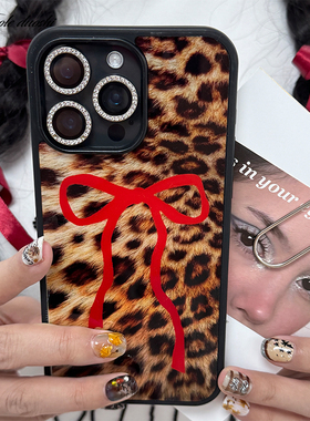 辣妹豹纹红色蝴蝶结亚少女适用iphone16promax亚克力壳苹果15plus/14手机壳