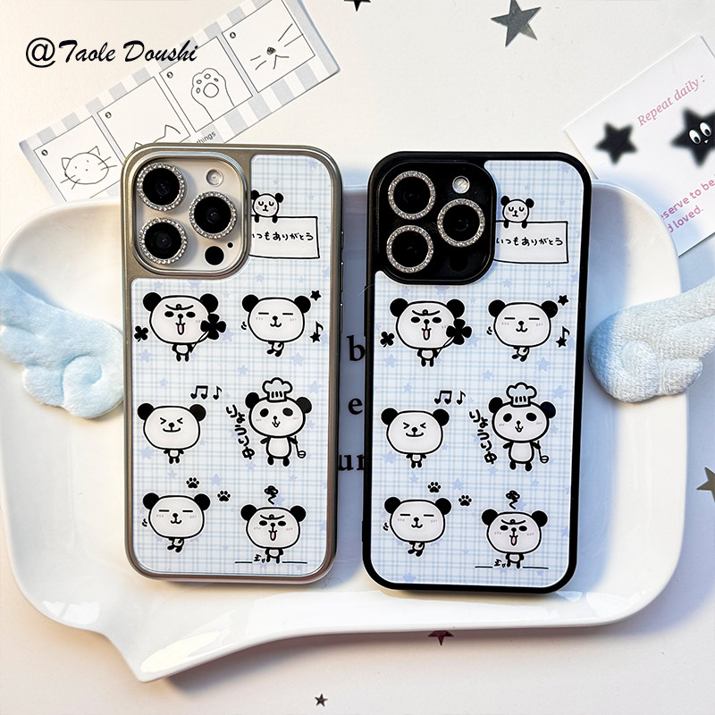 可爱古早小熊猫日式格纹手机壳