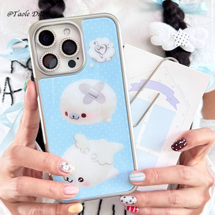 适用蓝色波点少女天使小海豹可爱有趣亚古早苹果161413手机壳15promax全包16promax1412壳