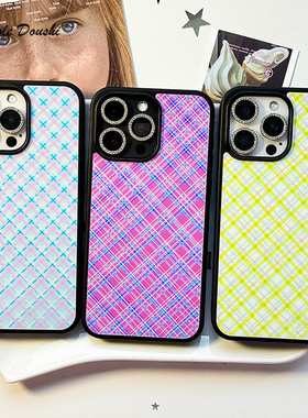 简约复古时尚格子青蓝粉红色黑边硬壳16promax小众ins风手机壳适用苹果原创亮面15promax14p1312p