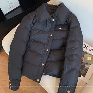 黑色翻领棉服女款2024新款冬季短款小个子时尚洋气高级感夹克