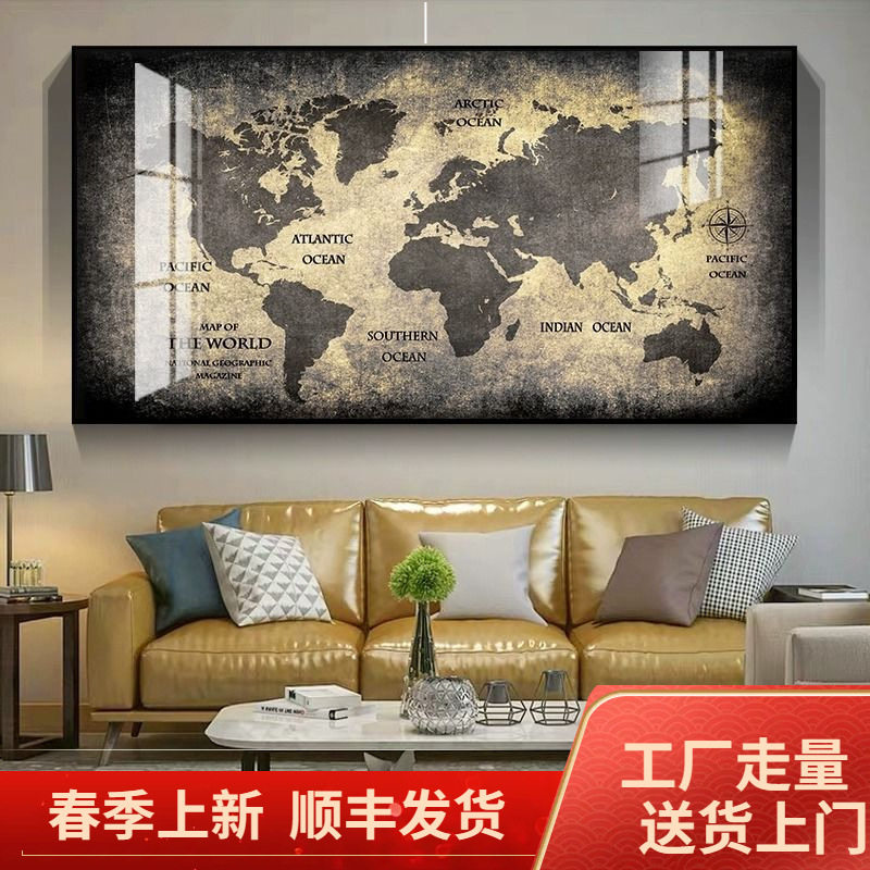 世界地图挂画客厅沙发背景墙面装饰画工业复古做旧办公室大幅壁画图片