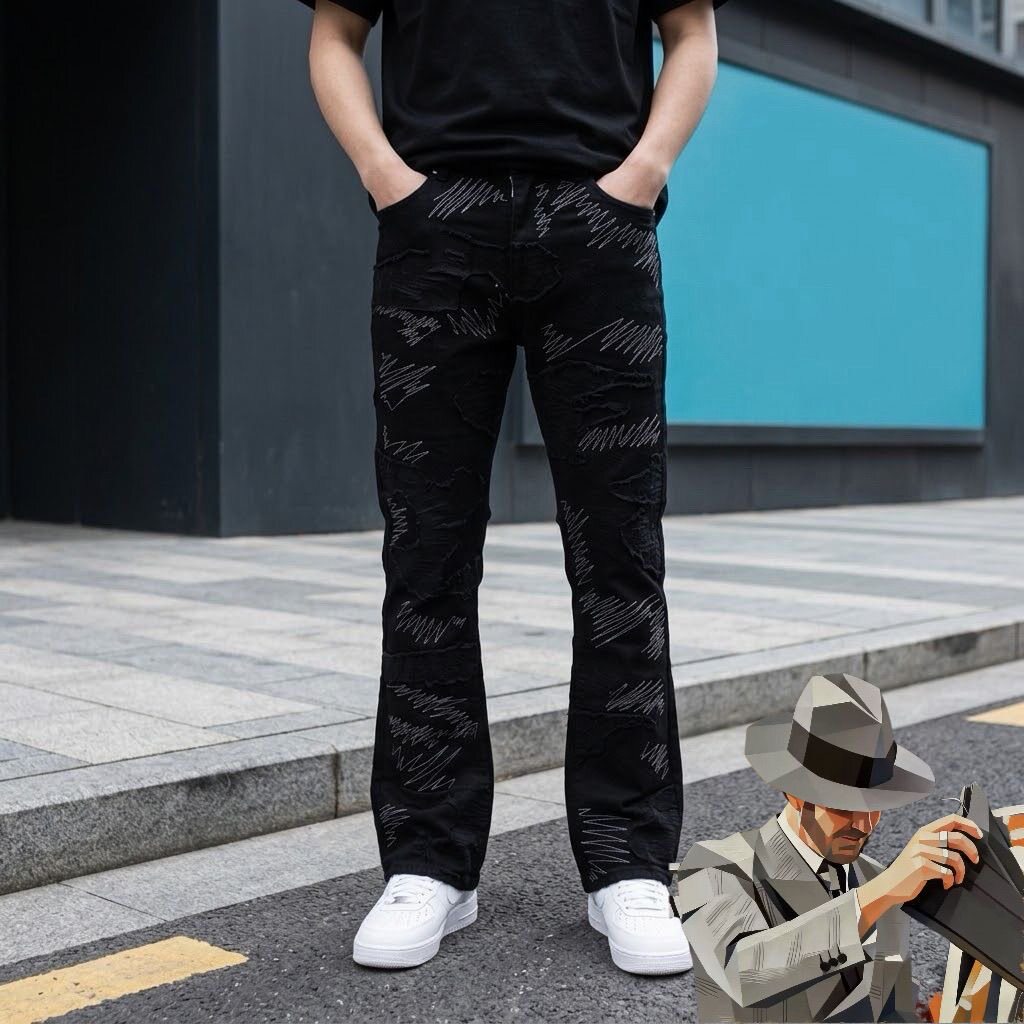 美式高端刺绣牛仔裤男修身微喇叭青少年轻奢百搭黑色高街弹力长裤