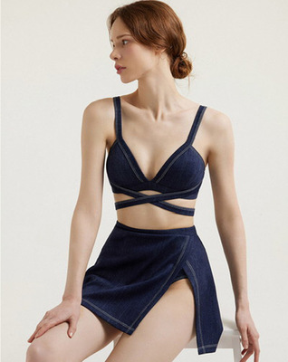 AMLLIVE新款法式比基尼裙式三角三件套女士游泳衣高腰裙bikini