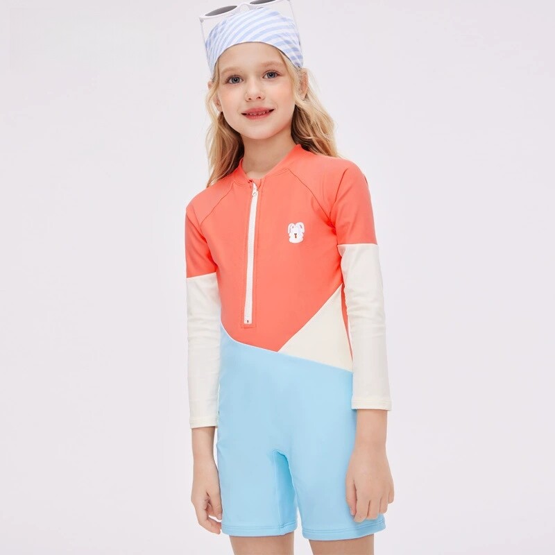 AMLLIVE 儿童泳衣女童宝宝连体长袖平角防晒速干游泳衣女孩度假