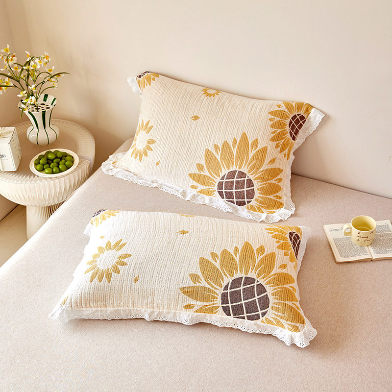 纯棉四层纱布枕巾成人家用盖巾竹棉皱皱纱全棉花边枕头巾四季通用