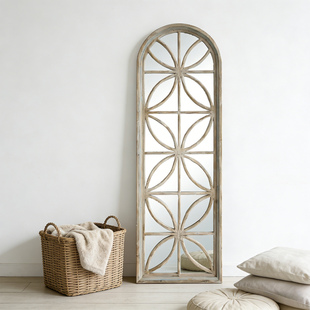 复古怀旧木质边框穿衣镜客厅玄关卧室法式立式窗格花纹装饰镜