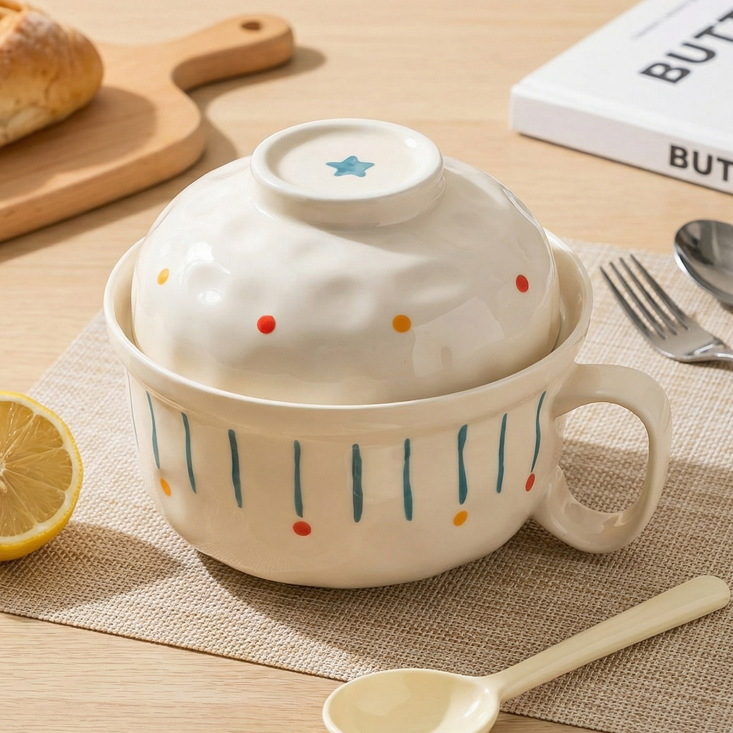 ins风泡面碗带手柄带盖家用陶瓷汤面碗水果沙拉碗釉下彩餐具新款,餐饮具,泡面碗,淘宝优惠券,粉丝福利购,淘宝优惠卷