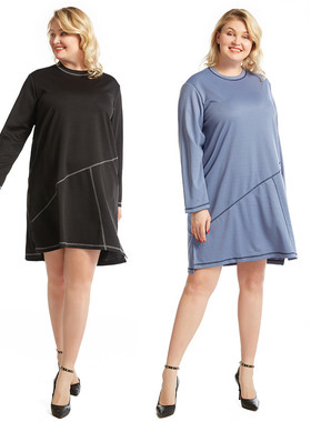 春夏胖太太长袖圆领拼接宽松大码舒适胖妹子纯色连衣裙CS536