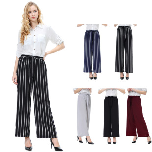 显腿直腿长H3001 阔腿直筒休闲裤 夏季 纯色简约女士条纹系带长款