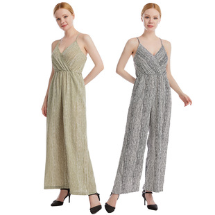 春夏质感冰丝绉类雪纺深V领女士显瘦高挑长裤 H5003 条纹吊带连体裤