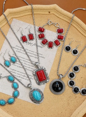 三件套装欧美民族风波西米亚松石项链女古韵个性耳环手链度假配饰