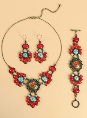 欧美小众设计红色花朵项链古韵宫廷风气质手链波西米亚耳环套装女