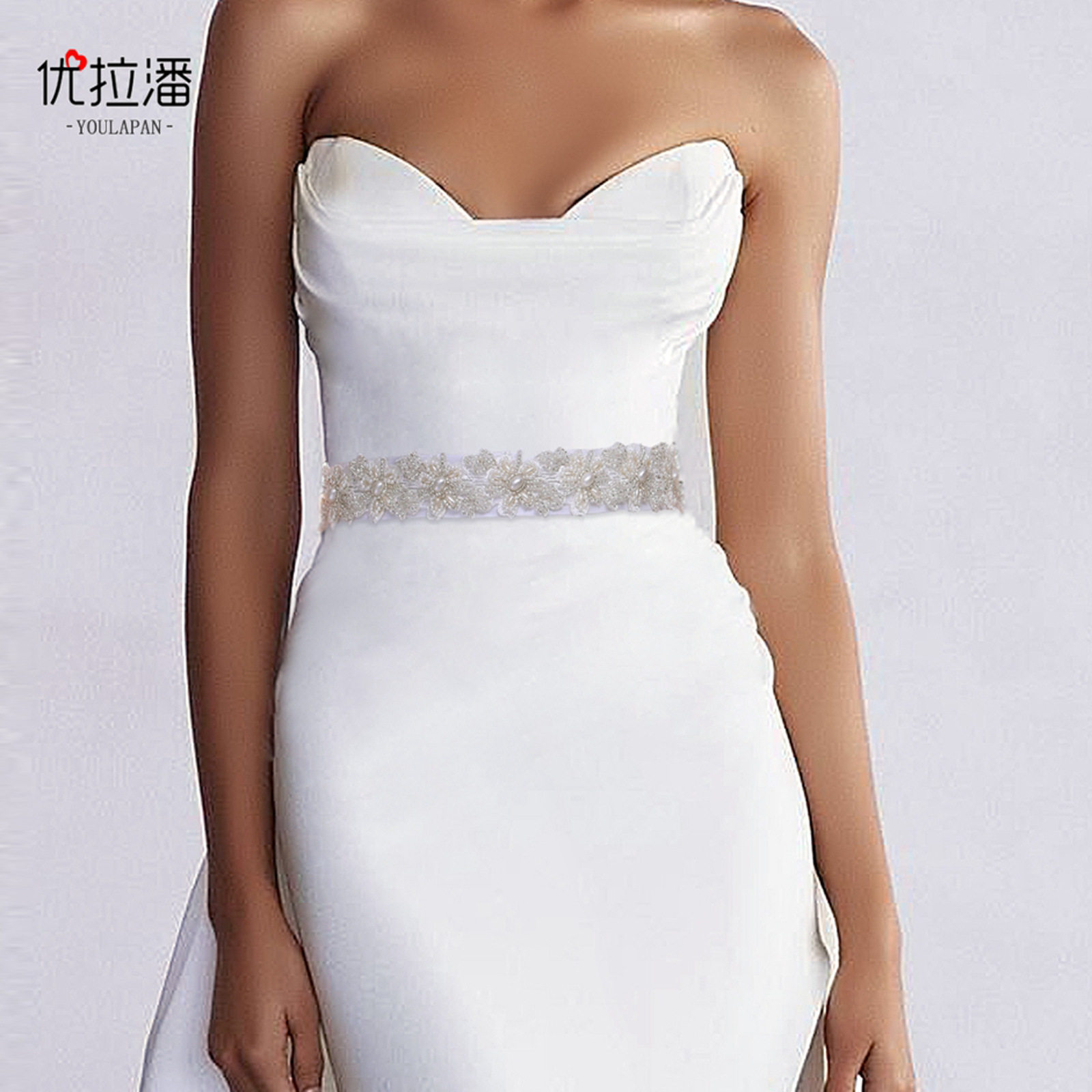 潮流高级婚纱礼服配饰甜美手工串珠花朵白色蕾丝珍珠宽腰带女S219