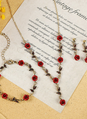 古韵森系浪漫红玫瑰花项链欧美小众法式花朵吊坠锁骨链手链耳钉女