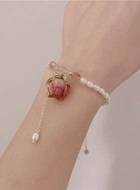 ins优雅气质永生花耳环耳钉古韵森系玫瑰花朵淡水珍珠手链饰品女