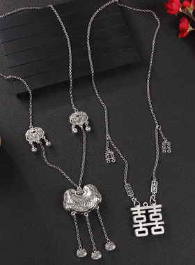 新中式国风长款古银项链古韵苗银长命锁流苏毛衣链旗袍汉服配饰女