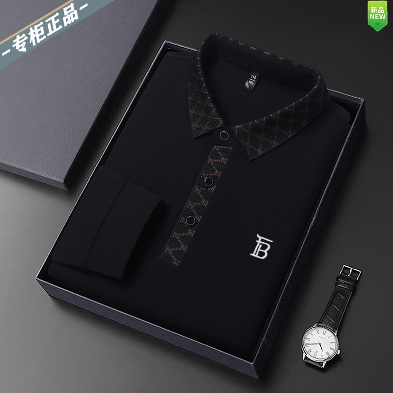 高端大牌英伦巴宝利娇男士桑蚕丝长袖T恤纯色商务休闲简约polo衫