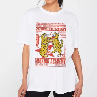 Cat Boxing Women Retro Fashion T-Shirt Hippie Funny Kitten T