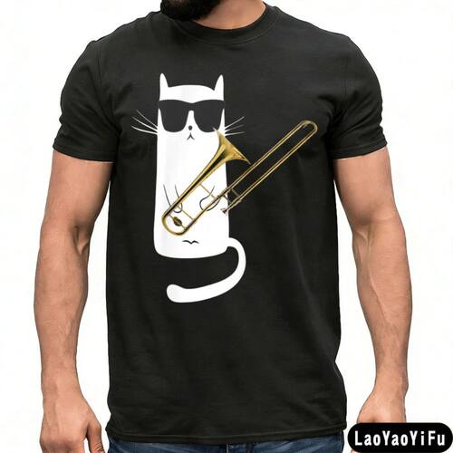 Cool Cat with Trombone Graphic Printed Tshirt Summer Casual