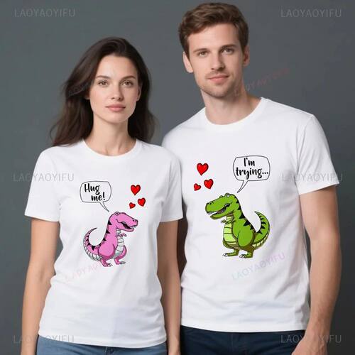 Funny Dinosaur Couple Hug Me I'm Trying Graphic T Shirt Woma