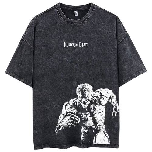 Men Washed Anime Attack on Titan T-Shirt Hip Hop Streetwear