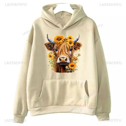 Highland Cow with Sunflowers Woman Printed Hoodie Autumn and