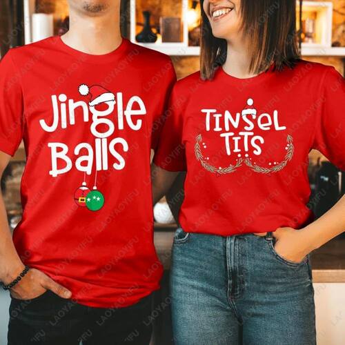 Funny Christmas Couple T-Shirt Jingle Balls Christmas Hat St