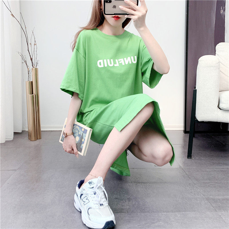 纯棉短袖t恤裙女中长款宽松显瘦网红ins超火开叉上衣学院风连衣裙